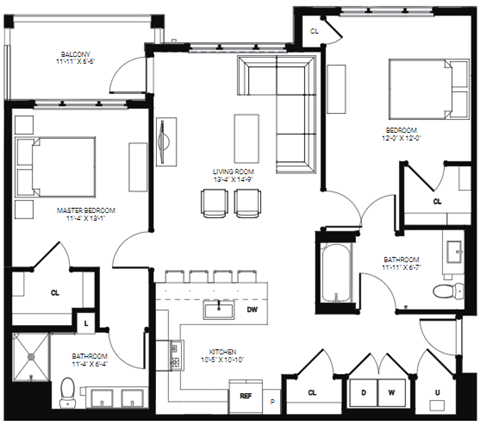 2 Bedroom Floor Plan with 1,177 Sq. Ft at Glen Oaks Apartments in Wall, NJ